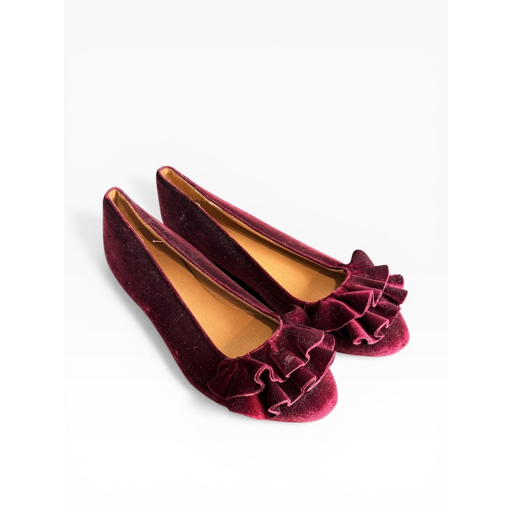 JustFab Burgundy Velvet Ruffle Ballet Flats
